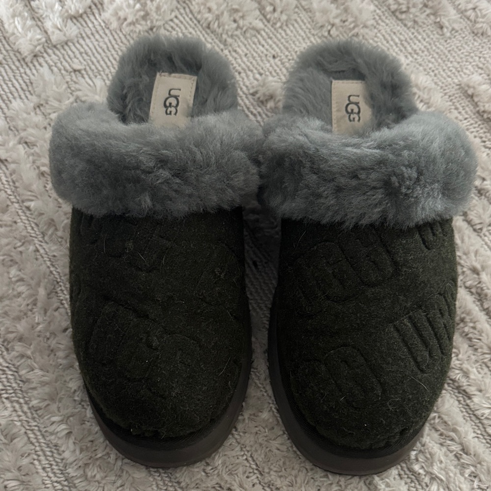 UGG Gray and Dark Green Disquette Felted Mules Slippers